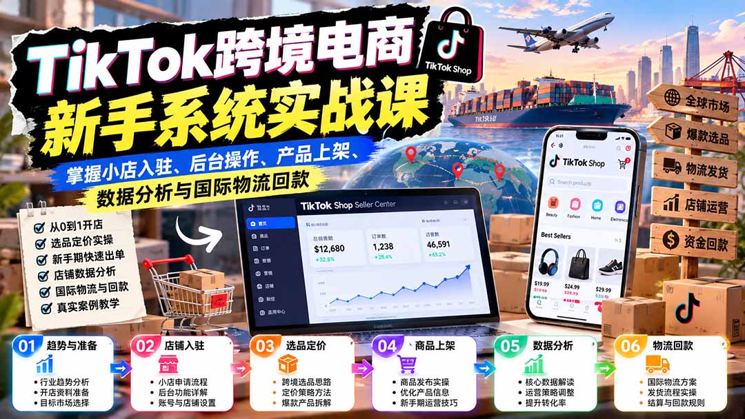 TikTok跨境电商新手系统实战课：掌握小店入驻、后台操作、产品上架、数据分析与国际物流回款-爱搭资源网