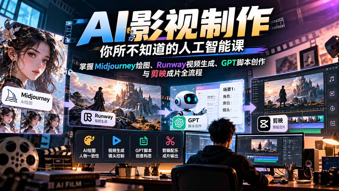 【无水印】AI影视制作-你所不知道的人工智能课，掌握Midjourney绘图、Runway视频生成、GPT脚本创作与剪映成片全流程-爱搭资源网