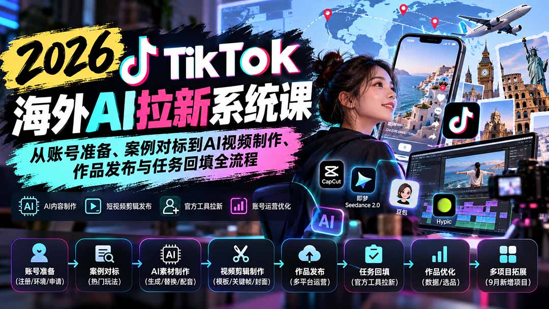 【无水印】2026 TikTok海外AI拉新系统课：从账号准备、案例对标到AI视频制作、作品发布与任务回填全流程-爱搭资源网