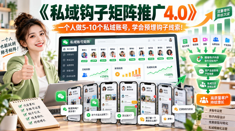 【无水印】《私域钩子矩阵推广4.0》一个人做5-10个私域账号，学会预埋钩子线索！-爱搭资源网