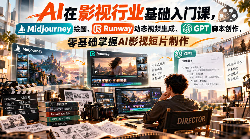 【无水印】AI在影视行业基础入门课，Midjourney绘图、Runway动态视频生成、GPT脚本创作，零基础掌握AI影视短片制作-爱搭资源网
