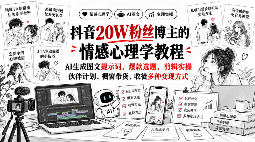 抖音20W粉丝博主静候心声的情感心理学教程，AI生成图文提示词、爆款选题、剪辑实操，伙伴计划、橱窗带货、收徒多种变现方式-爱搭资源网