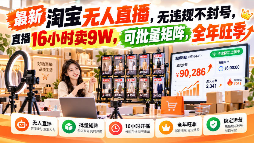 最新淘宝无人直播，无违规不封号，直播16小时卖9W，可批量矩阵，全年旺季【揭秘】-爱搭资源网