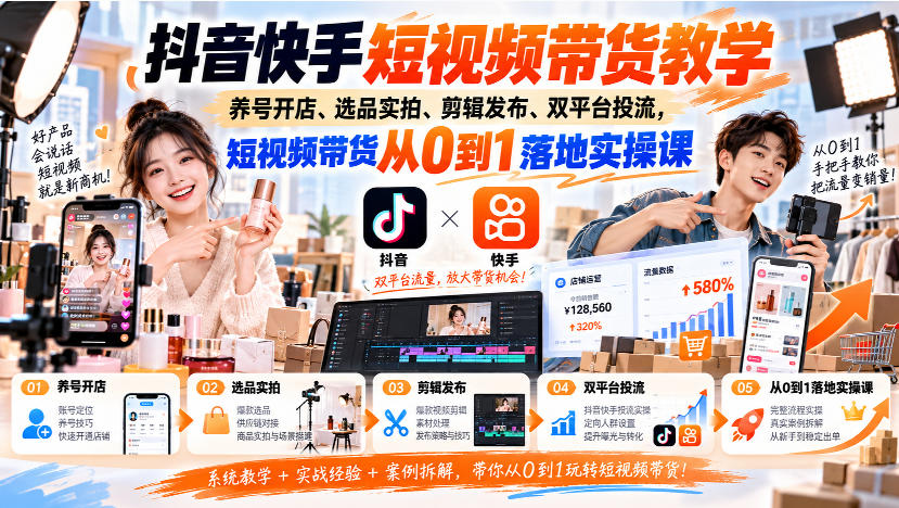 抖音快手短视频带货教学｜养号开店、选品实拍、剪辑发布、双平台投流，短视频带货从0到1落地实操课-爱搭资源网