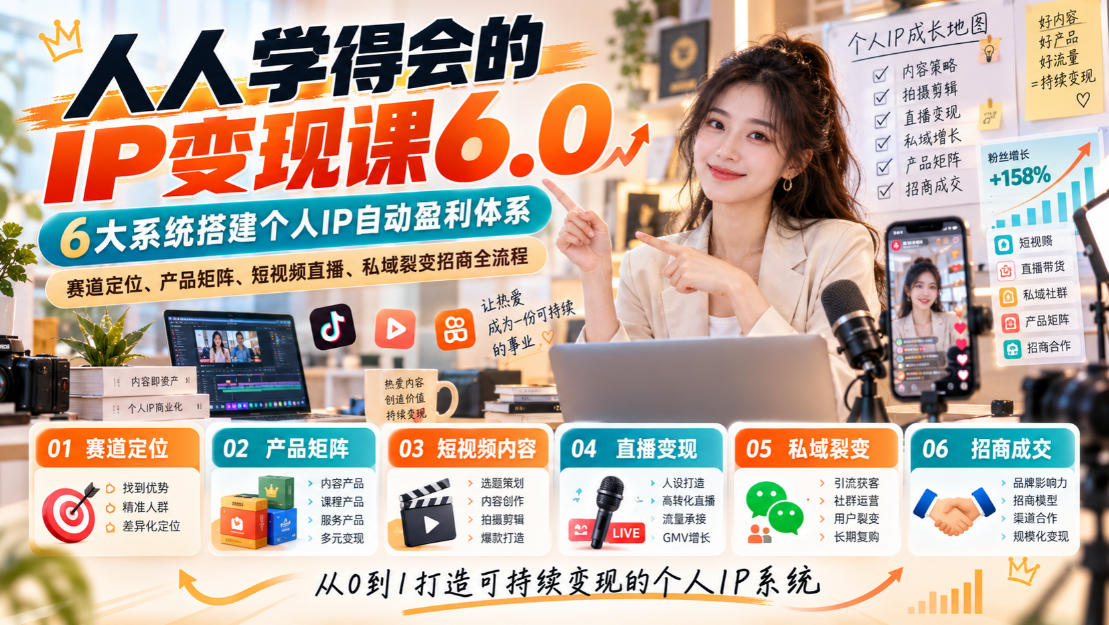 人人学得会的IP变现课6.0，6大系统搭建个人IP自动盈利体系，赛道定位、产品矩阵、短视频直播、私域裂变招商全流程-爱搭资源网