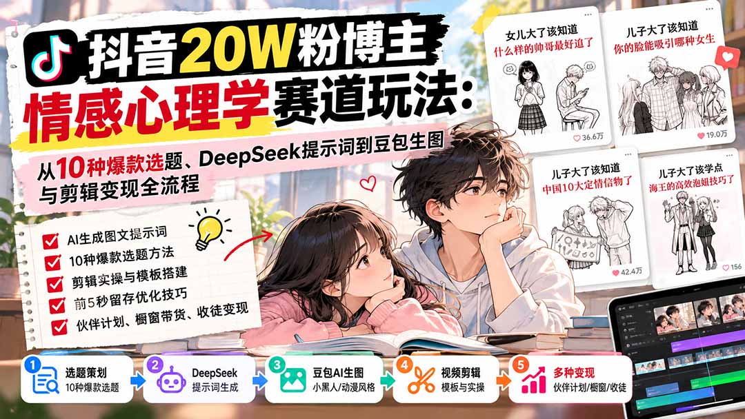 抖音20W粉博主-情感心理学赛道玩法：从10种爆款选题、DeepSeek提示词到豆包生图与剪辑变现全流程-爱搭资源网