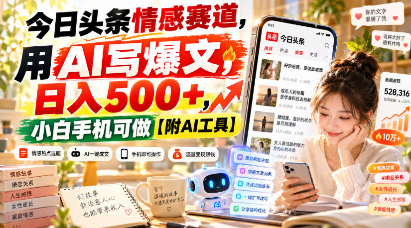 今日头条情感赛道，用AI写爆文，日入500+，小白手机可做【附AI工具】-爱搭资源网