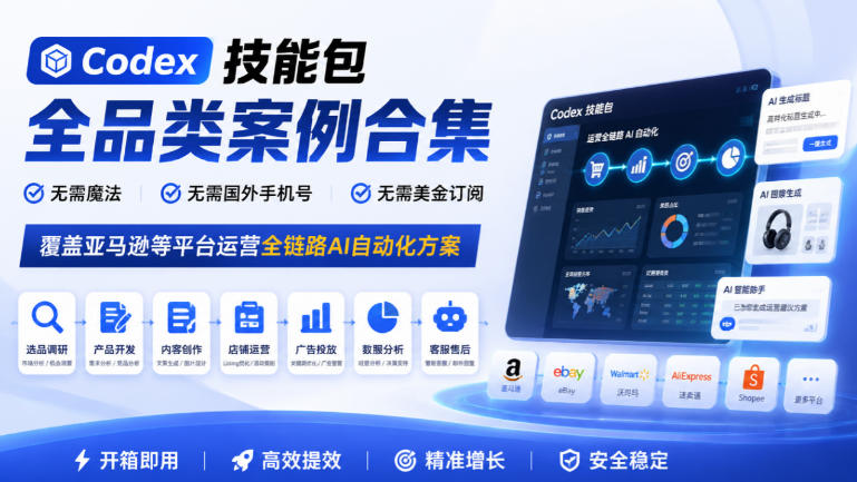 Codex技能包全品类案例合集，无需魔法、无需国外手机号、无需美金订阅，覆盖亚马逊等平台运营全链路AI自动化方案-爱搭资源网
