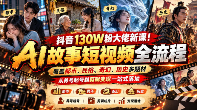 抖音130W粉大佬新课！AI故事短视频全流程，覆盖都市、民俗、奇幻、历史多题材，从养号起号到剪辑变现一站式落地-爱搭资源网