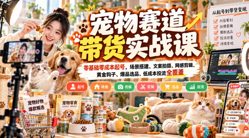 宠物赛道带货实战课，零基础零成本起号，场景搭建、文案拍摄、网感剪辑、黄金钩子、爆品选品、低成本投流全覆盖-爱搭资源网