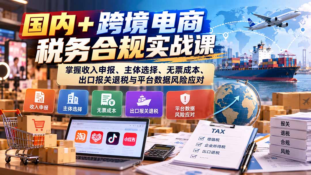 国内+跨境电商税务合规实战课：掌握收入申报、主体选择、无票成本、出口报关退税与平台数据风险应对-爱搭资源网