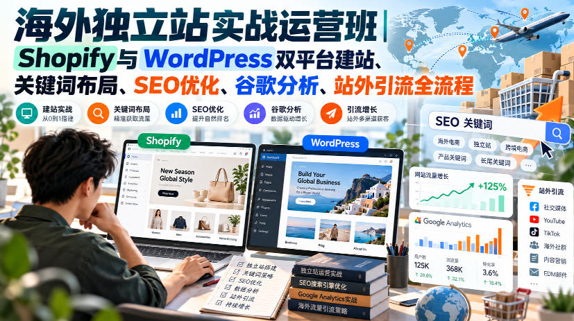 海外独立站实战运营班｜Shopify与WordPress双平台建站、关键词布局、SEO优化、谷歌分析、站外引流全流程-爱搭资源网