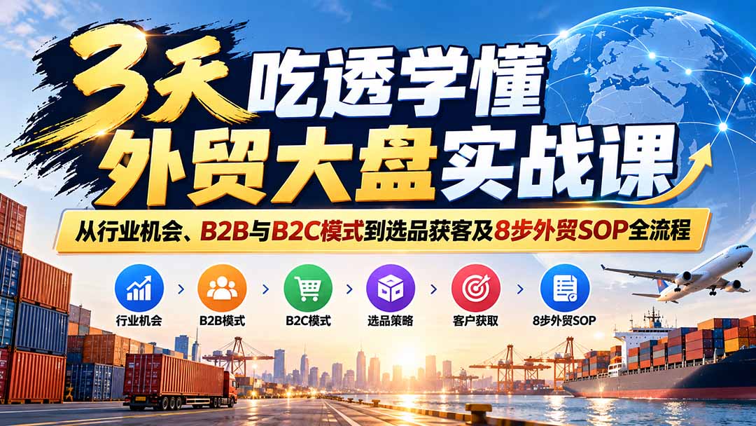 3天吃透学懂外贸大盘实战课：从行业机会、B2B与B2C模式到选品获客及8步外贸SOP全流程-爱搭资源网