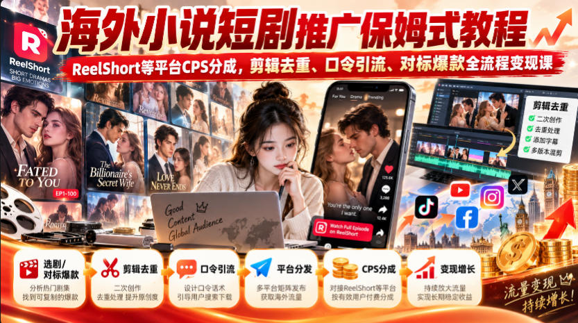 海外小说短剧推广保姆式教程｜ReelShort等平台CPS分成，剪辑去重、口令引流、对标爆款全流程变现课-爱搭资源网