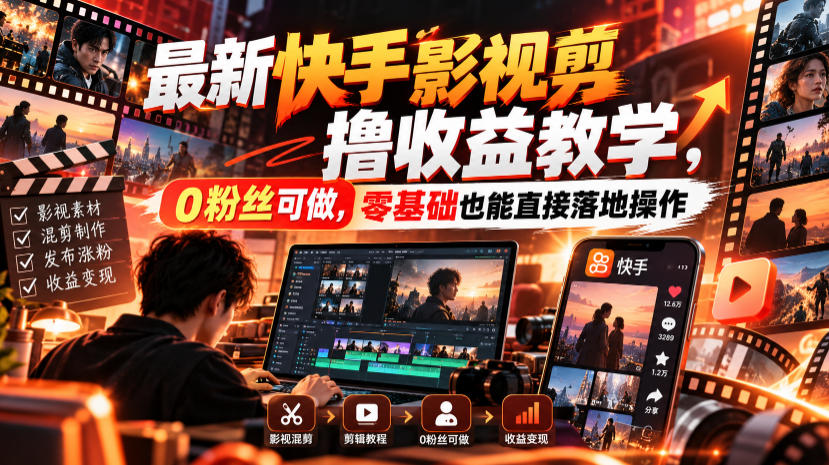 最新快手影视混剪撸收益教学，0粉丝可做，零基础也能直接落地操作-爱搭资源网