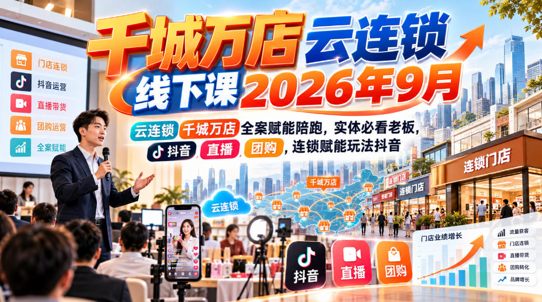 千城万店云连锁线下课2026年9月，云连锁千城万店全案赋能陪跑，实体必看老板，抖音，直播，团购，连锁赋能玩法抖音-爱搭资源网