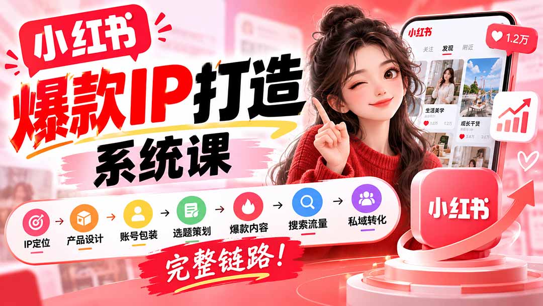 【无水印】小红书爆款IP打造课：IP定位→产品设计→账号包装→选题策划→爆款内容→搜索流量→私域转化，完整链路-爱搭资源网