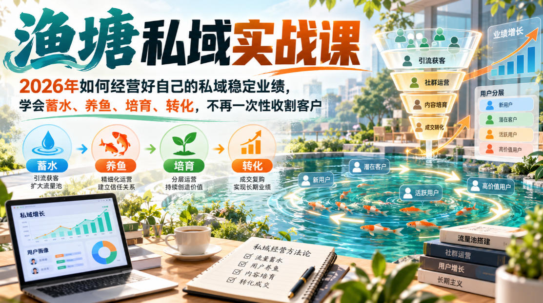 渔塘私域实战课，2026年如何经营好自己的私域稳定业绩，学会蓄水、养鱼、培育、转化，不再一次性收割客户-爱搭资源网