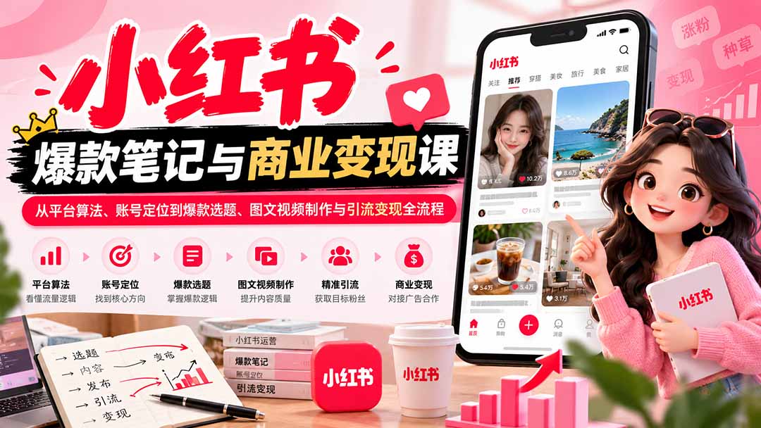 2026小红书爆款笔记与商业变现课：从平台算法、账号定位到爆款选题、图文视频制作与引流变现全流程-爱搭资源网