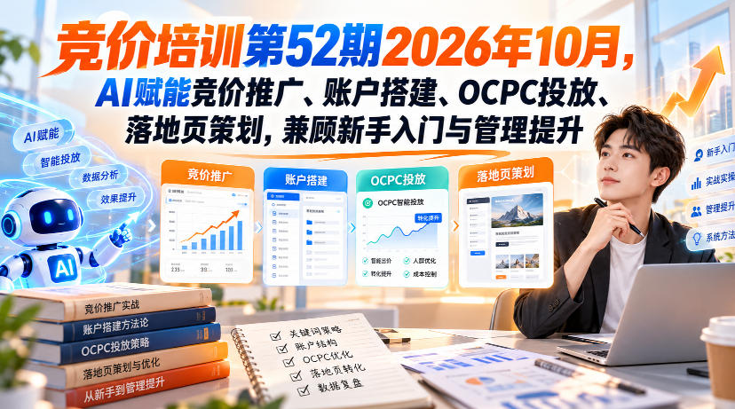 【无水印】竞价培训第52期2026年10月，AI赋能竞价推广、账户搭建、OCPC投放、落地页策划，兼顾新手入门与管理提升-爱搭资源网