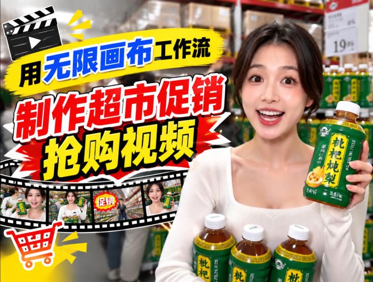 无限画布超市促销抢购视频工作流，一键产出TikTok抖音带货短视频-爱搭资源网