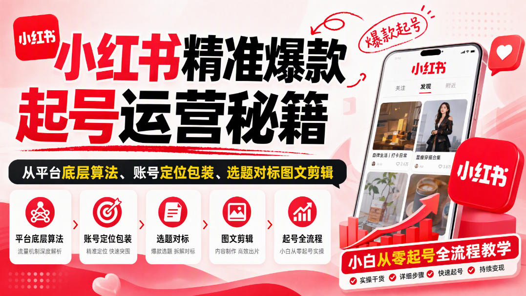 小红书精准爆款起号运营秘籍，从平台底层算法、账号定位包装、选题对标图文剪辑，小白从零起号全流程-爱搭资源网