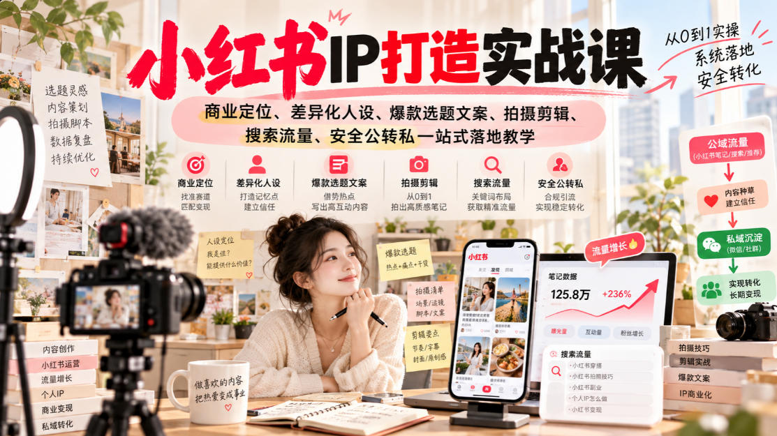 小红书ip打造实战课，商业定位、差异化人设、爆款选题文案、拍摄剪辑、搜索流量、安全公转私一站式落地教学-爱搭资源网
