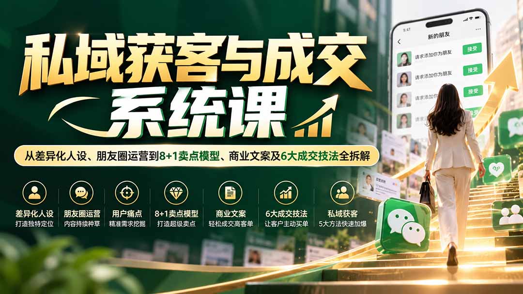 私域获客与成交系统课：从差异化人设、朋友圈运营到8+1卖点模型、商业文案及6大成交技法全拆解-爱搭资源网
