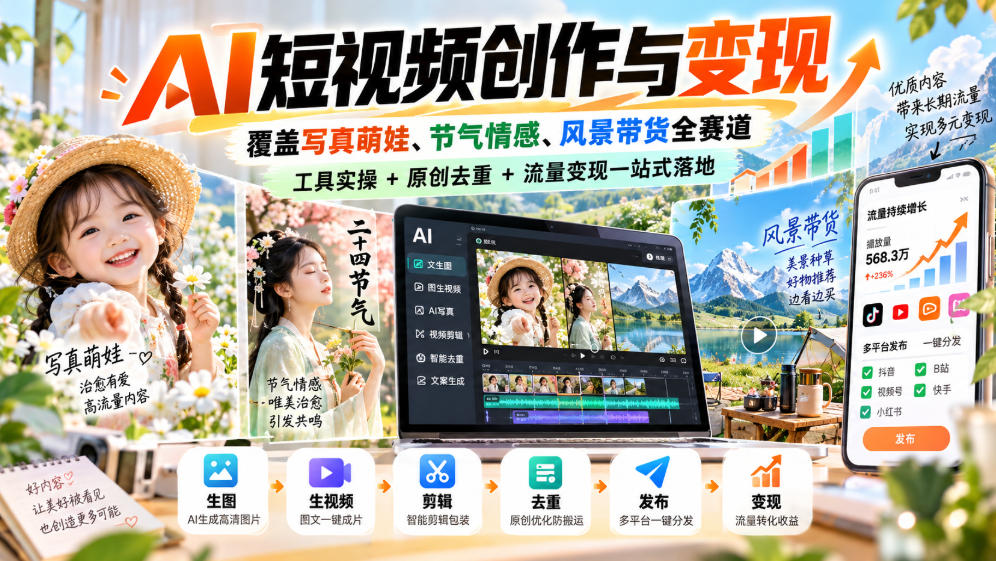 AI短视频创作与变现，覆盖写真萌娃、节气情感、风景带货全赛道，工具实操+原创去重+流量变现一站式落地-爱搭资源网
