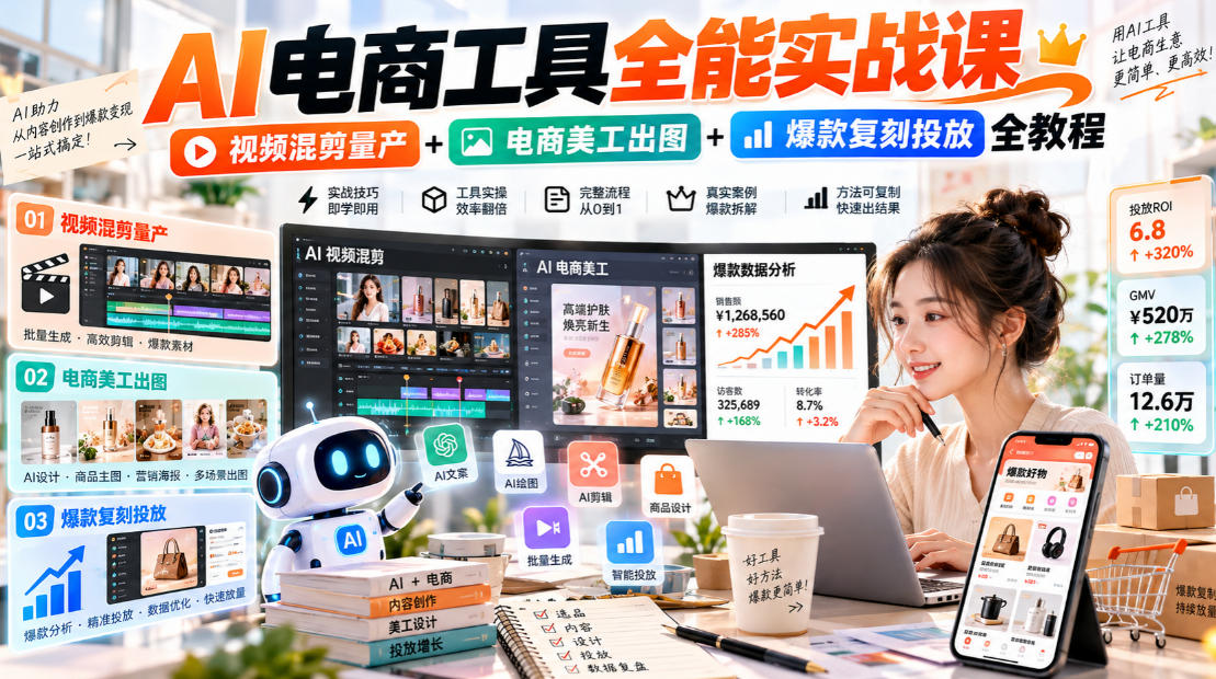 AI电商工具全能实战教学，视频混剪量产+电商美工出图+爆款复刻投放全教程​-爱搭资源网
