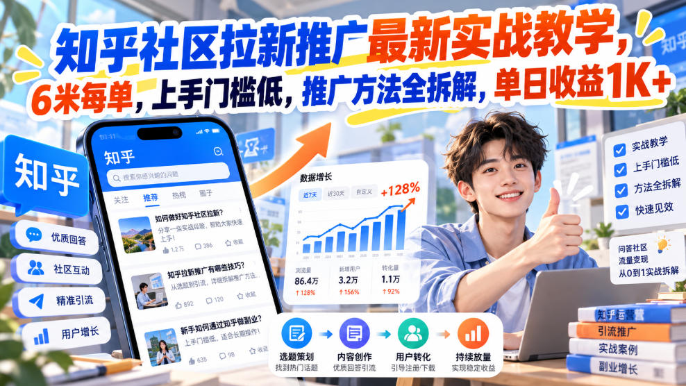 知乎社区拉新推广最新实战教学，6米每单，上手门槛低，推广方法全拆解，单日收益1K+！(更新0930)-爱搭资源网