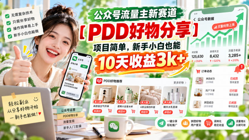 公众号流量主新赛道【PDD好物分享】，项目简单，新手小白也能10天收益3k+-爱搭资源网