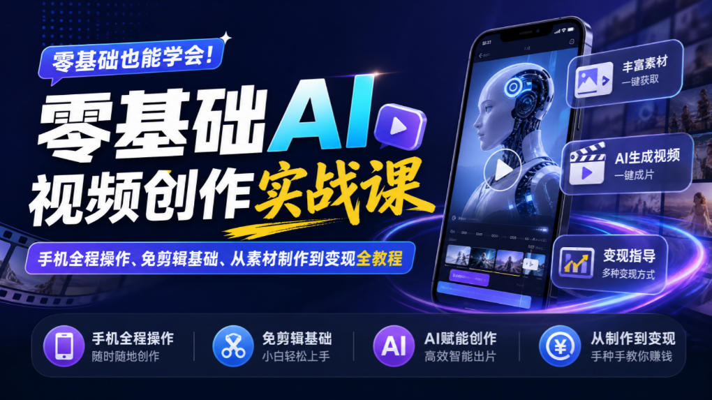 零基础AI视频创作实战课｜手机全程操作、免剪辑基础、从素材制作到变现全教程​-爱搭资源网