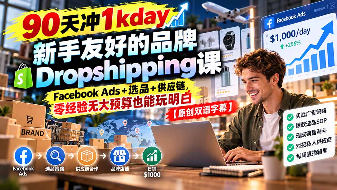 90天冲1kday 新手友好的品牌Dropshipping课：Facebook Ads+选品+供应链，零经验无大预算也能玩明白【原创双语字幕】-爱搭资源网