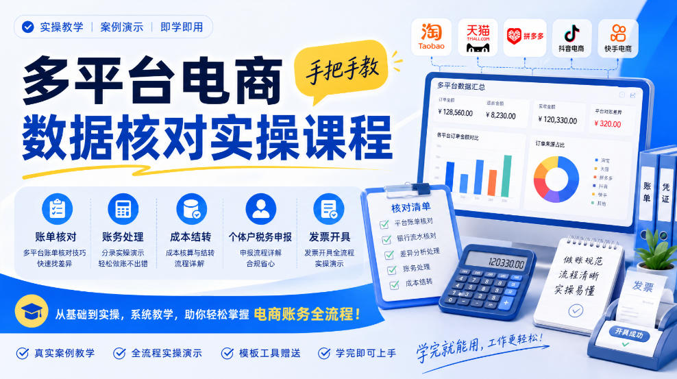 多平台电商数据核对实操课程，手把手教账单核对、账务处理、成本结转、个体户税务申报与发票开具-爱搭资源网