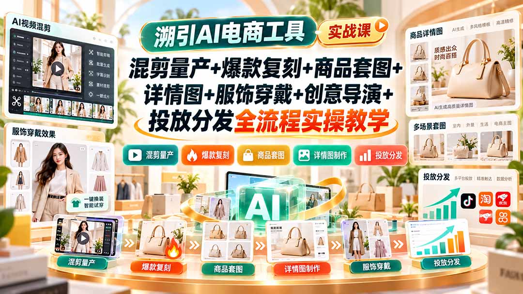 溯引AI电商工具实战课：混剪量产+爆款复刻+商品套图+详情图+服饰穿戴+创意导演+投放分发全流程实操教学-爱搭资源网