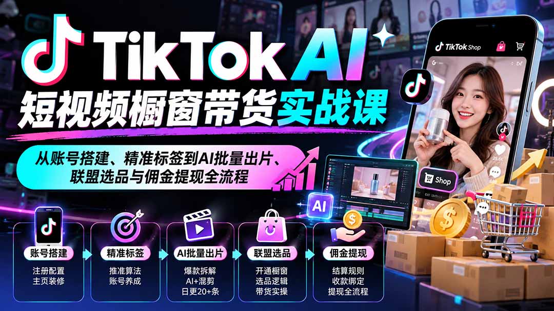 TikTok AI短视频橱窗带货实战课：从账号搭建、精准标签到AI批量出片、联盟选品与佣金提现全流程-爱搭资源网