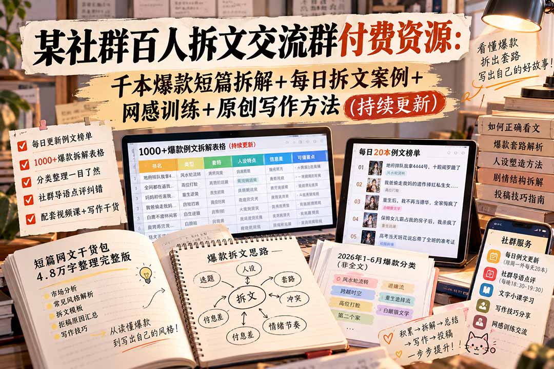 某社群百人拆文交流群付费资源-更新0929：千本爆款短篇拆解+每日拆文案例+网感训练+原创写作方法-爱搭资源网