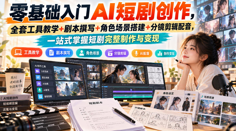 零基础入门AI短剧创作，全套工具教学+剧本撰写+角色场景搭建+分镜剪辑配音，一站式掌握短剧完整制作与变现-爱搭资源网