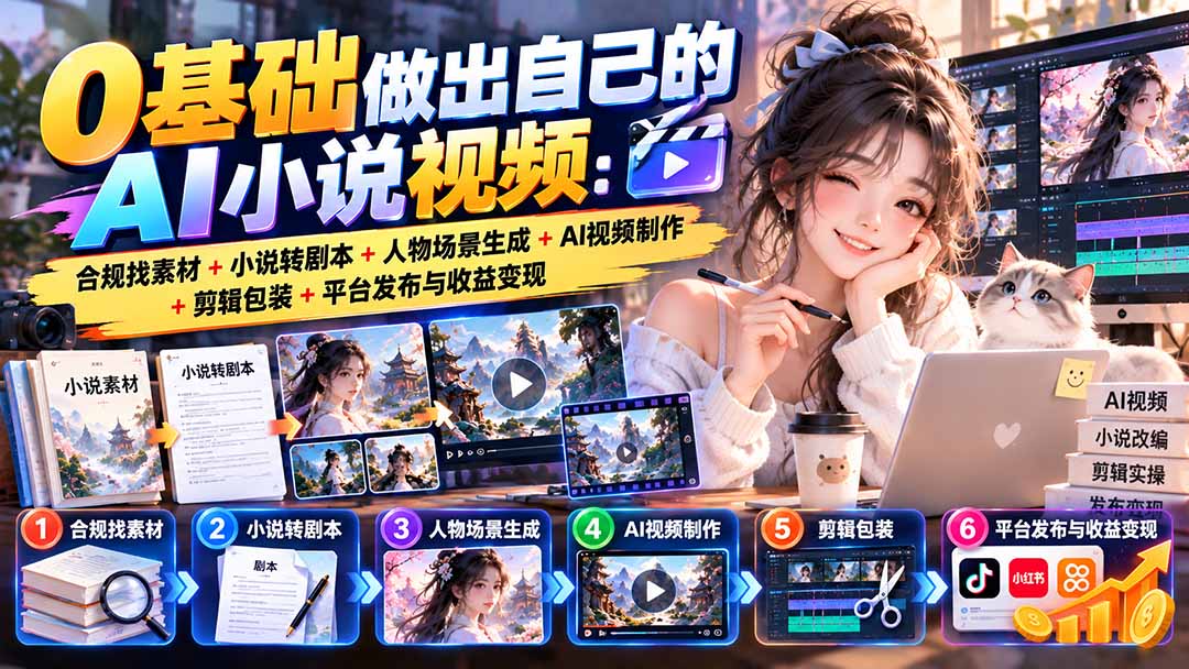 0基础做出自己的AI小说视频:合规找素材+小说转剧本+人物场景生成+AI视频制作+剪辑包装+平台发布与收益变现-爱搭资源网