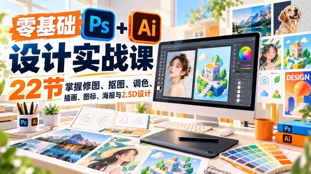 【无水印】零基础PS+AI设计实战课｜22节掌握修图、抠图、调色、插画、图标、海报与2.5D设计-爱搭资源网