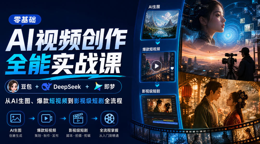 零基础AI视频创作全能实战课｜豆包+DeepSeek+即梦，从AI生图、爆款短视频到影视级短剧全流程-爱搭资源网