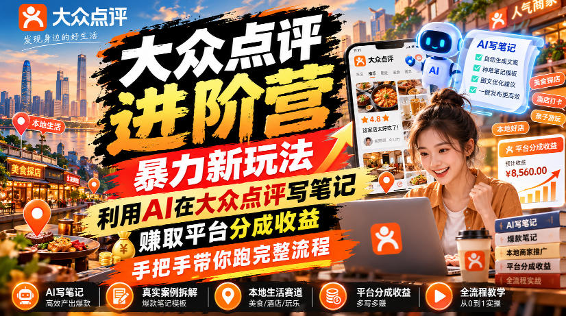 大众点评进阶营，暴力新玩法，利用AI在大众点评写笔记， 賺取平台分成收益，手把手带你跑完整流程-爱搭资源网