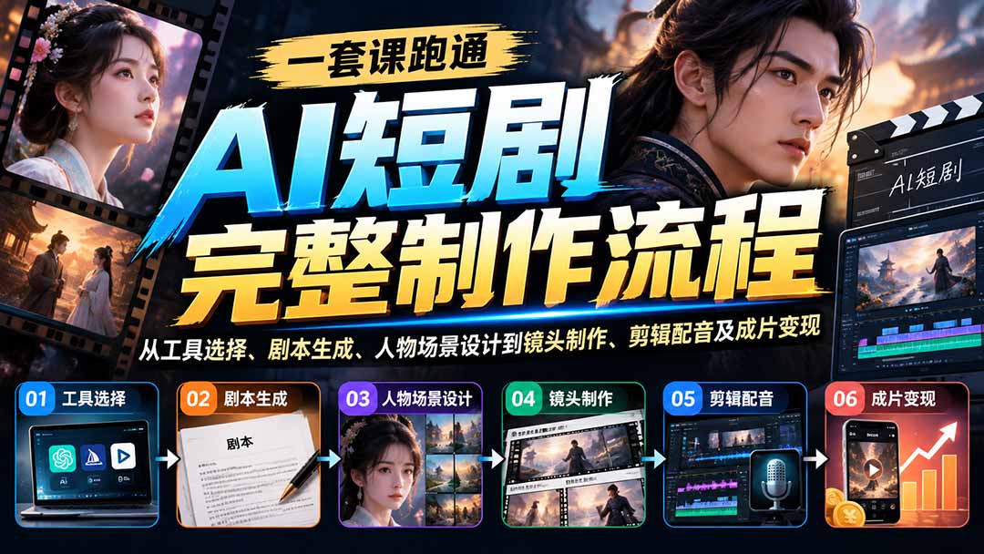 一套课跑通AI短剧完整制作流程：从工具选择、剧本生成、人物场景设计到镜头制作、剪辑配音及成片变现-爱搭资源网