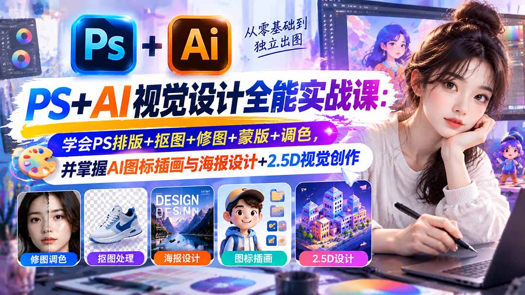【无水印】PS+AI视觉设计全能实战课：学会PS排版+抠图+修图+蒙版+调色，并掌握AI图标插画与海报设计+2.5D视觉创作-爱搭资源网