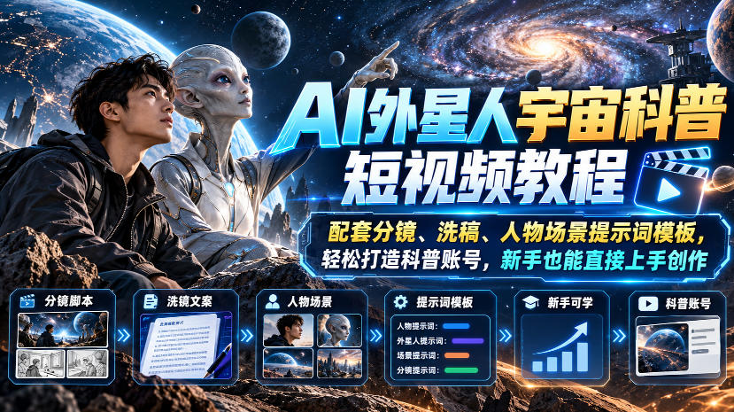 AI外星人宇宙科普短视频教程,配套分镜、洗稿、人物场景提示词模板,轻松打造科普账号,新手也能直接上手创作-爱搭资源网