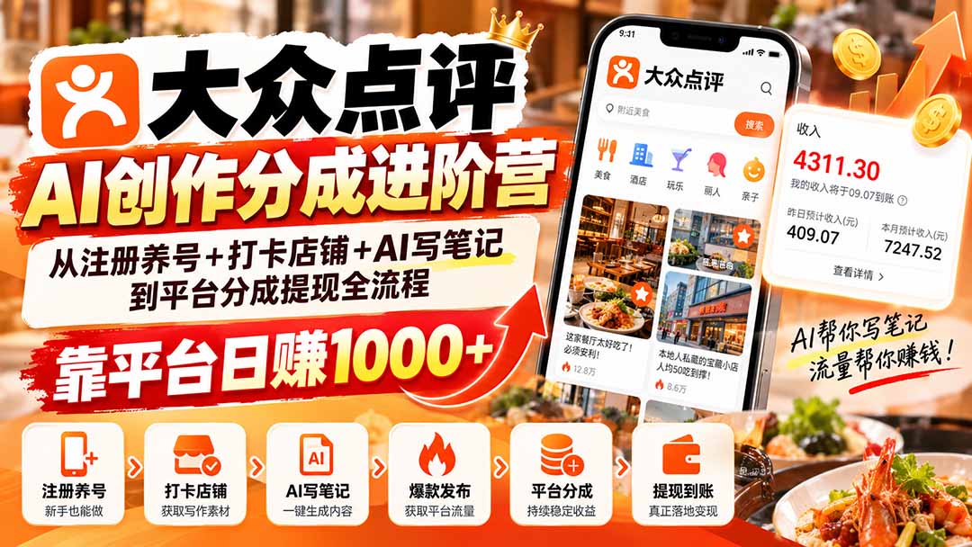 大众点评AI创作分成进阶营：从注册养号+打卡店铺+AI写笔记到平台分成提现全流程，靠平台日赚1000+-爱搭资源网