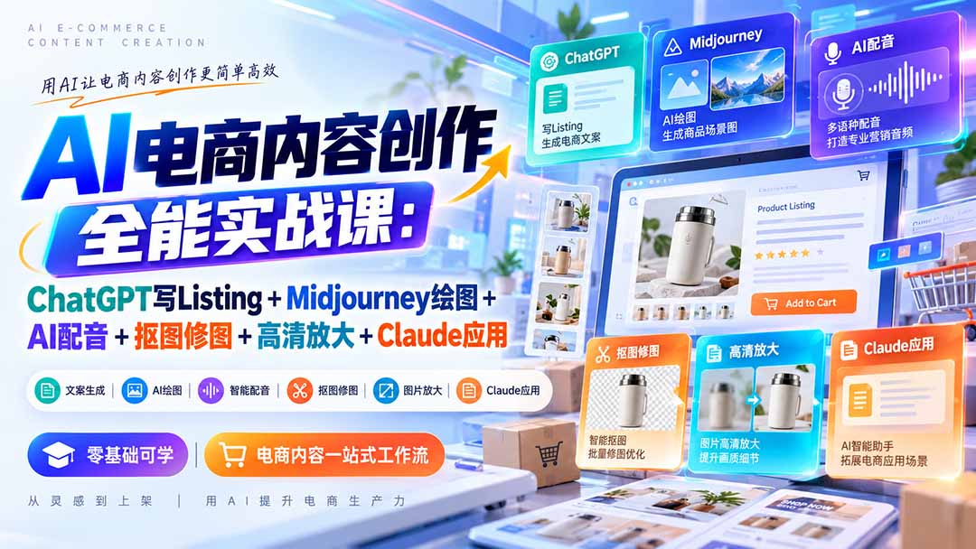 【无水印】AI电商内容创作全能实战课：ChatGPT写Listing+Midjourney绘图+AI配音+抠图修图+高清放大+Claude应用-爱搭资源网