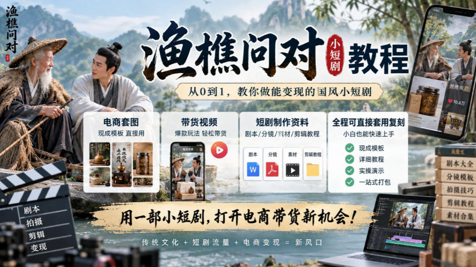 渔樵问对小短剧教程，包含电商套图、带货视频，短剧制作资料，全程可直接套用复刻-爱搭资源网