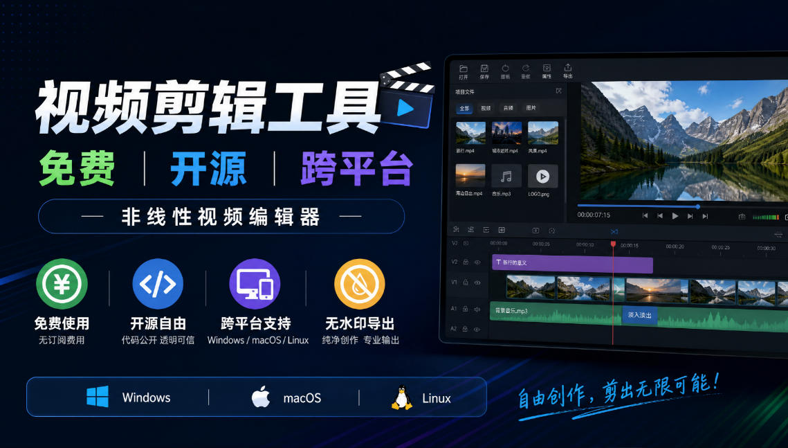 视频剪辑工具，免费、开源、跨平台，非线性视频编辑器，支持Windows、macOS、Linux，无水印、无订阅费用-爱搭资源网
